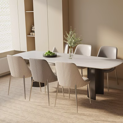 Modern Dining Table Set with Stylish Chairs Green Fruits and Vase with Plants in Light Room 3d model