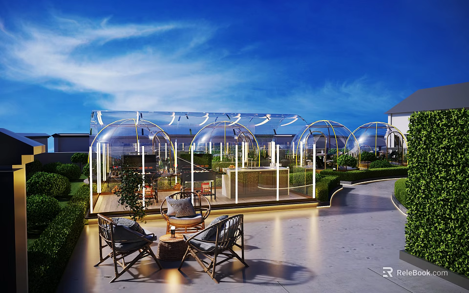 Rooftop Restaurant With Glass Dome Greenhouse Outdoor Seating And Lush Greenery Under Blue Sky 3d model 