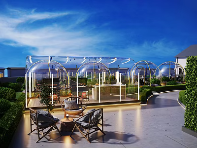 Rooftop Restaurant With Glass Dome Greenhouse Outdoor Seating And Lush Greenery Under Blue Sky 3d model