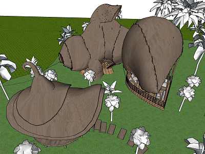 Wooden Huts with Thatched Roofs Surrounded by Green Grass and White Flowers and Trees 3d model