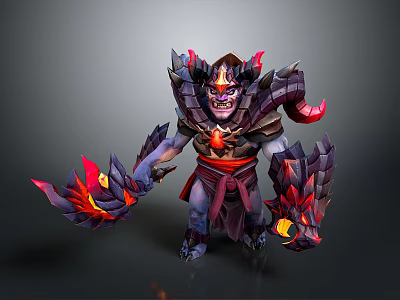 Armored Demonic Game Movie Character With Flaming Weapons Horns Red Black Armor And Mythical Features 3d model