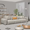 Modern Beige Sofa and Coffee Table Set with Orange Cushion Green Plants and Floor Lamp