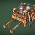 Rustic Wooden Cart Displaying Metal Jugs and Shovel on Green Backdrop