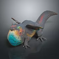 Game Movie Character Winged Dinosaur With Colorful Blue Orange Green Scaly Body And Horned Head