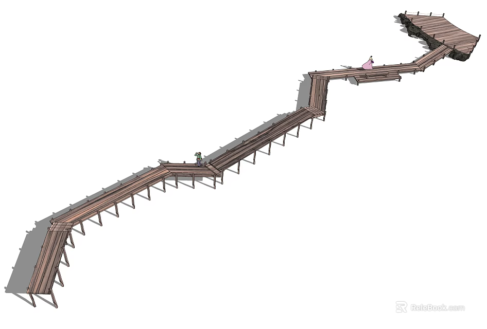 Elevated Wooden Boardwalk With Curved Path Design And Pedestrian Support Structures 3d model 
