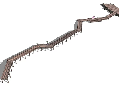 Elevated Wooden Boardwalk With Curved Path Design And Pedestrian Support Structures 3d model