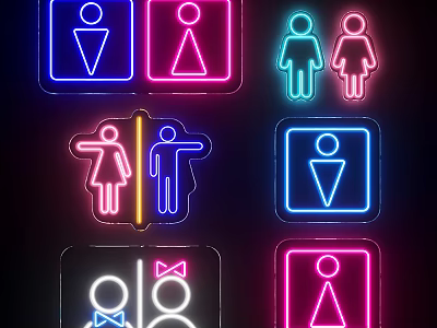 Colorful Neon Light Fixture Set With Male Female Symbols And Bathroom Sign Designs 3d model