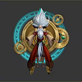 Man In Red Gold Robe With White Hair Beard Blue Circular Gears And Green Gemstones