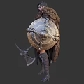 Woman In Detailed Warrior Armor Holding Battle Axe And Decorative Shield With Tattoos