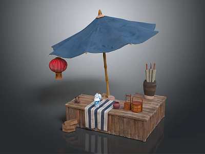 Outdoor Wooden Platform With Blue Umbrella Red Lantern Striped Cloth And Bamboo Tubes 3d model