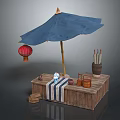 Outdoor Wooden Platform With Blue Umbrella Red Lantern Striped Cloth And Bamboo Tubes