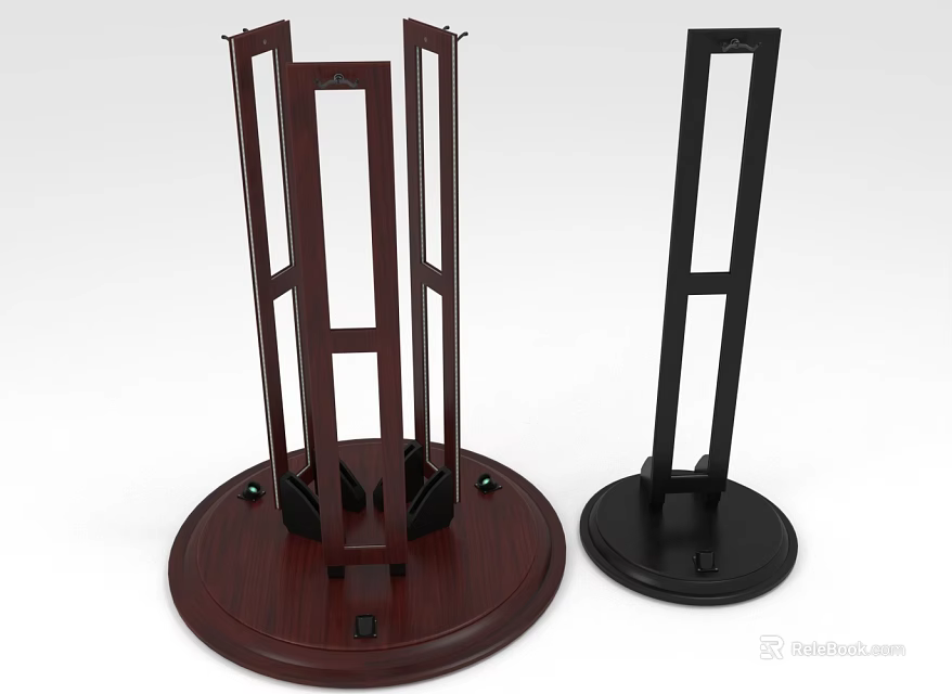 Two Pieces Of Dark Brown And Black Standing Furniture With Round Base And Frame Design 3d model 