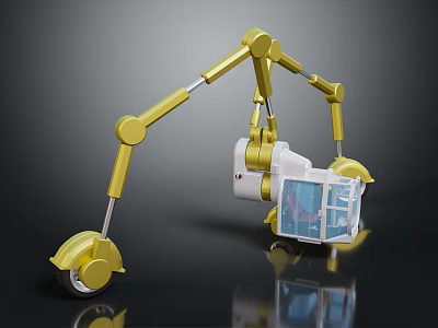 Yellow 3D Rendered Mechanical Robot With Articulated Arms Wheels And Transparent Cabinets 3d model