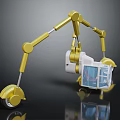 Yellow 3D Rendered Mechanical Robot With Articulated Arms Wheels And Transparent Cabinets