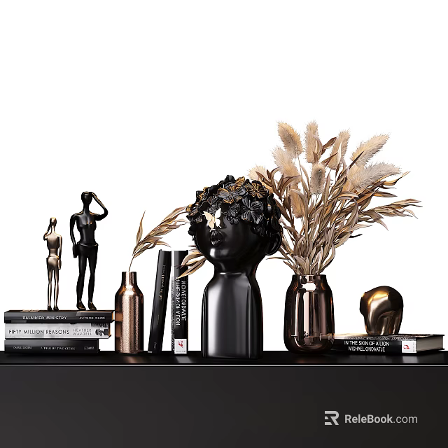 Stylish Decorative Ornament Set With Black Vases Golden Feathers Figurines And Books 3d model 