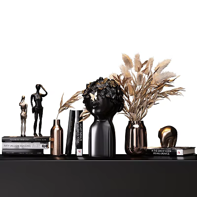Stylish Decorative Ornament Set With Black Vases Golden Feathers Figurines And Books 3d model