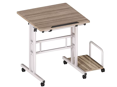 Mobile Wooden Top Desk With Metal Frame Lower Shelf And Wheels 3d model