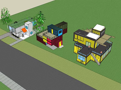 Colorful Container Modular Homestay Building with Modern Design Greenery and Outdoor Area 3d model