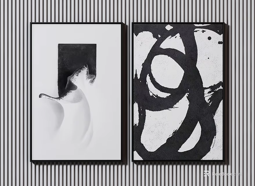 Abstract Painting Set With Black White Curved Lines And Circular Patterns 3d model 