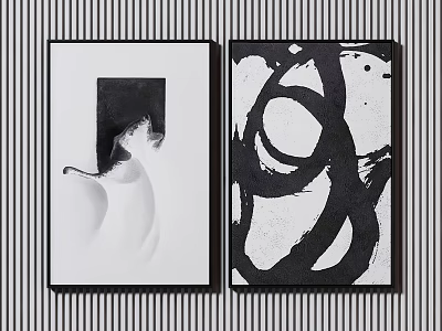 Abstract Painting Set With Black White Curved Lines And Circular Patterns 3d model