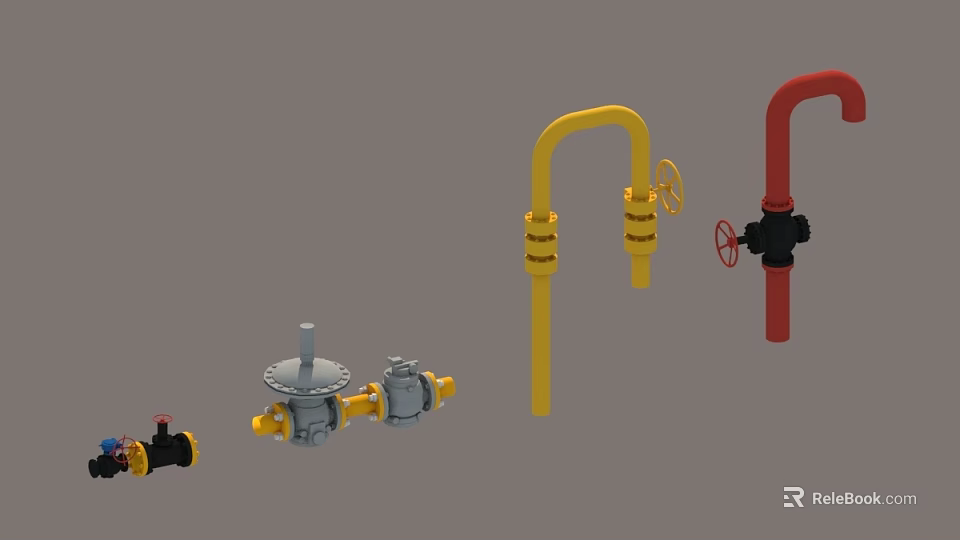 Modern Industrial Plant With Yellow Red Pipes Valves And Industrial Equipment 3d model 