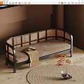 Multi seat Sofa Curved Black Frame Rattan Details Beige Cushion On Woven Rug With Plant