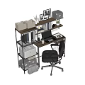 Modern Office Desk With Laptop Coffee Cup Black Chair Bookshelf Folders And Printer