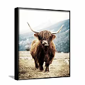 Animal Painting of Long Haired Brown Yak in Mountain Grassland Setting