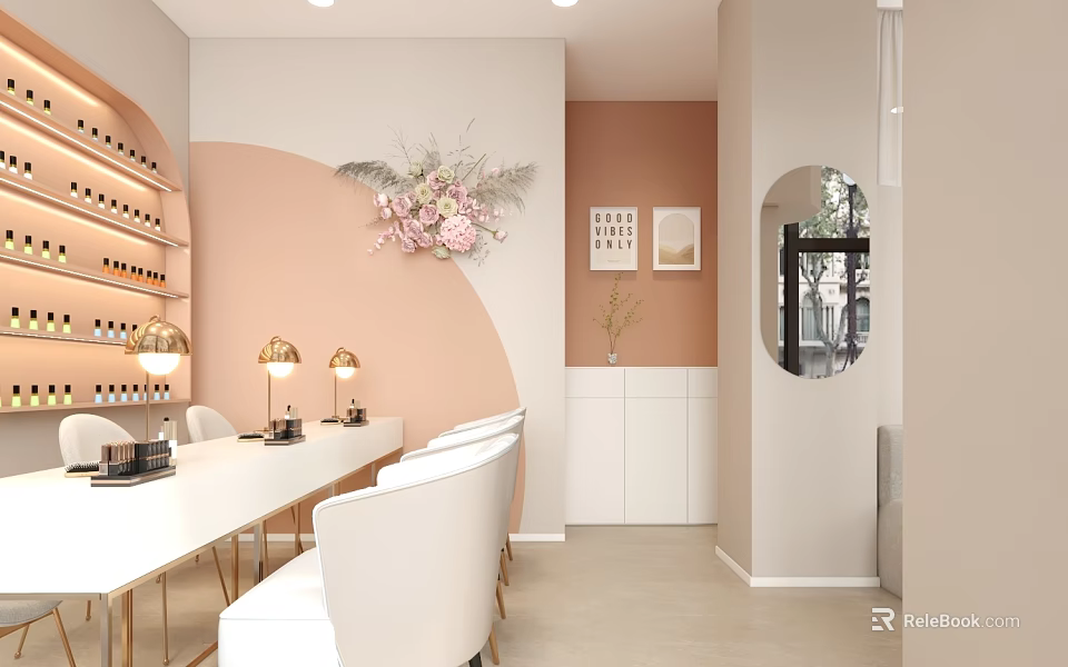 Elegant Hair And Beauty Salon Interior With Comfortable Chairs Mirrored Walls And Floral Decor 3d model 