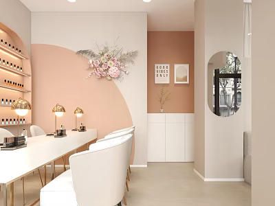 Elegant Hair And Beauty Salon Interior With Comfortable Chairs Mirrored Walls And Floral Decor 3d model