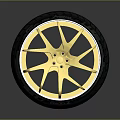 Car Wheel With Golden Spoke Design And Shiny Alloy Rim Black High Performance Tire