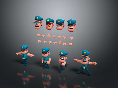 3D Cartoon Police Character With Various Expressions Different Poses And Multiple Head Body Parts 3d model