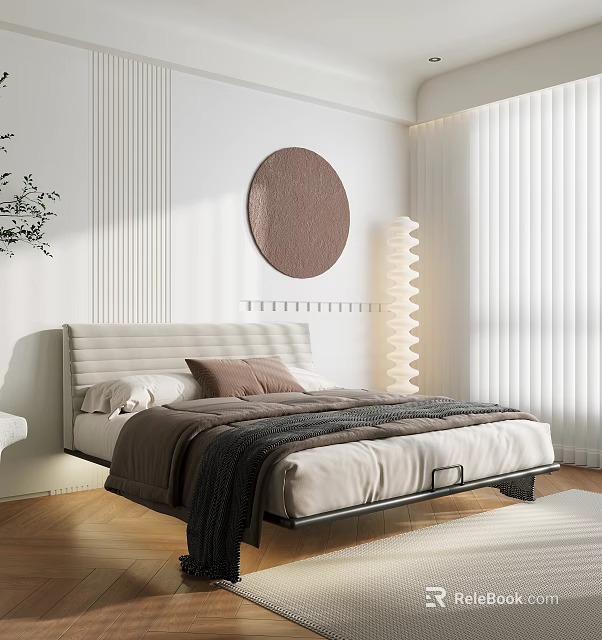 Minimalist Modern Bedroom Interior Design With Comfortable Bed Round Decorative Art And Floor Lamp 3d model 