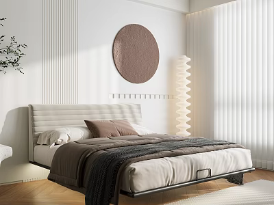 Minimalist Modern Bedroom Interior Design With Comfortable Bed Round Decorative Art And Floor Lamp 3d model