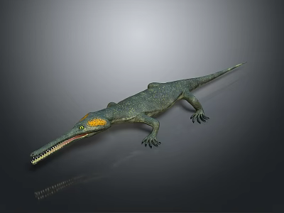 3D Rendered Prehistoric Reptile With Long Snout Green Body Sharp Teeth and Yellow Eyes 3d model