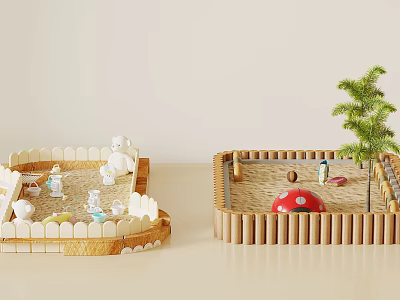 Kids Sandpit Playground Equipment with Wooden Fence Mushroom Decor Bear Dolls and Small Tree 3d model