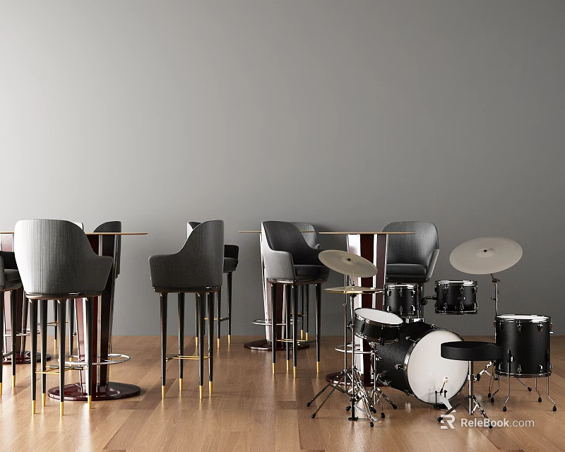 Stylish Bar Stools And Tables With Gray Walls Wooden Floor And Drum Set 3d model 