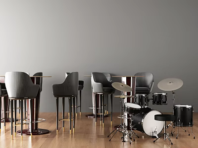 Stylish Bar Stools And Tables With Gray Walls Wooden Floor And Drum Set 3d model