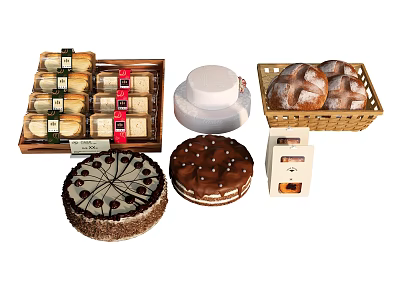 Assorted Fresh Baked Goods Including Bread Cakes And Cookies In Trays And Baskets 3d model