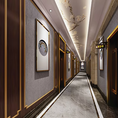 Hotel Corridor With Decorative Wall Paintings Warm Ceiling Lights And Polished Marble Flooring 3d model
