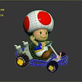 Cute Mushroom Head Doll Riding Blue Go Kart With Waving Hand And Red White Hat