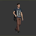 Man Walking With Blue T Shirt Pattern Brown Pants And Black Bag