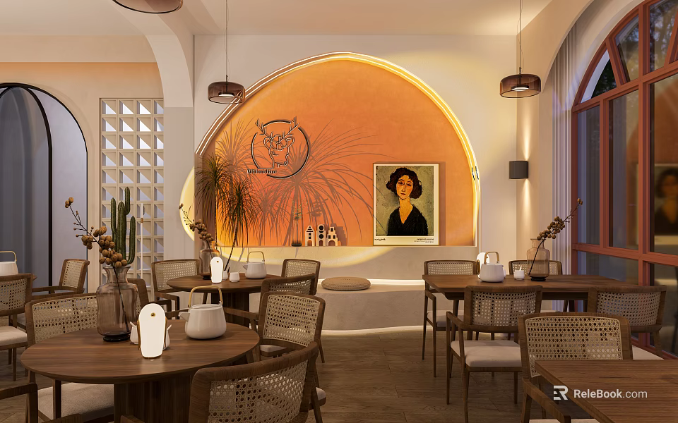 Modern Café Interior Design With Orange Arched Wall Portrait Cactus Wooden Tables And Pendant Lights 3d model 