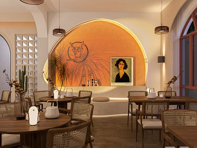 Modern Café Interior Design With Orange Arched Wall Portrait Cactus Wooden Tables And Pendant Lights 3d model