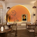 Modern Café Interior Design With Orange Arched Wall Portrait Cactus Wooden Tables And Pendant Lights