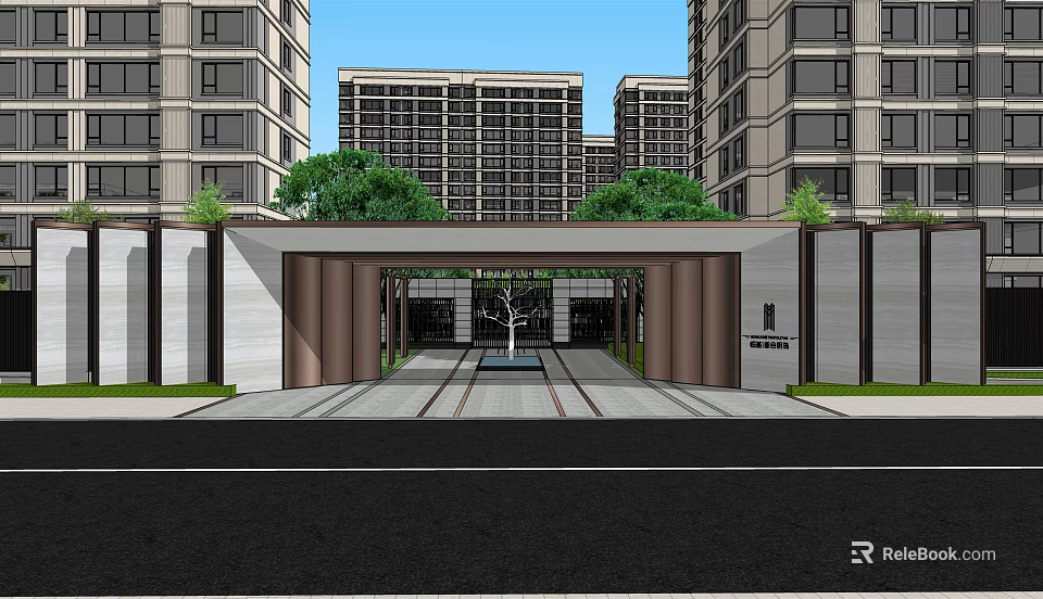Residential Landscape Entrance With Tall Buildings Green Trees And Paved Pathway 3d model 
