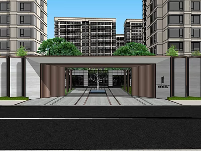 Residential Landscape Entrance With Tall Buildings Green Trees And Paved Pathway 3d model