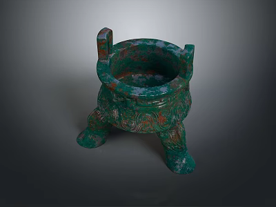 Ancient Style Green Carved Sculpture With Three Legs Two Handles And Intricate Engravings 3d model