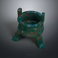 Ancient Style Green Carved Sculpture With Three Legs Two Handles And Intricate Engravings