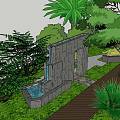 Garden Ornamental Design with Stone Path Wooden Walkway Palm Tree and Lush Plants